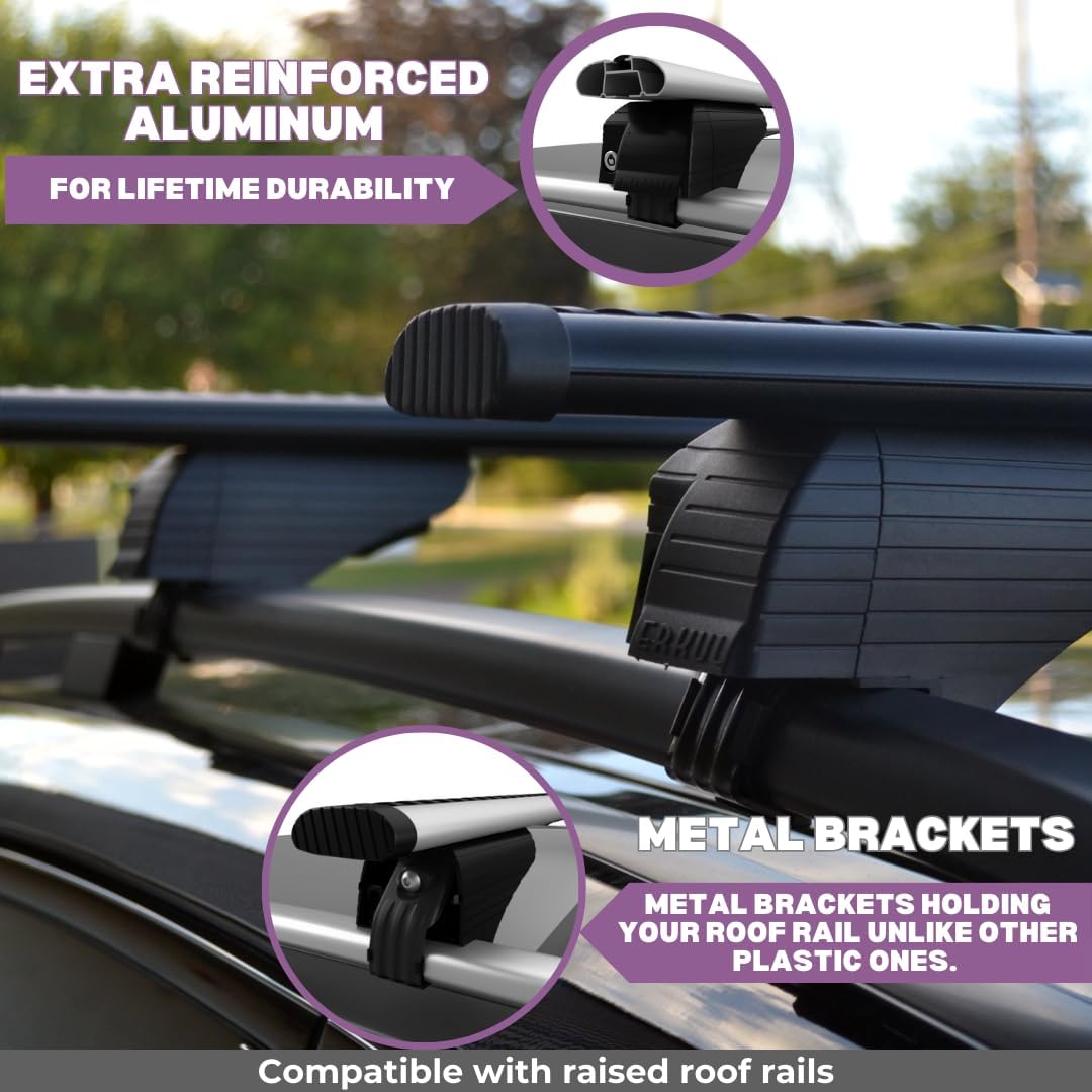 ERKUL Universal Roof Rack Cross Bars - 42.5" Crossbars Fits Raised Side Rail Cars & SUVs | Adjustable Aluminum Aero Bars for Rooftop Luggage Cargo Carrier Canoe Kayak Bike Ski | Black