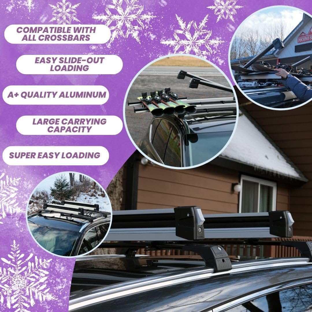 ERKUl 25" Ski Rack | Holds 4 Pairs of Skis or 2 Snowboards - Fits All Types of Cross Bars