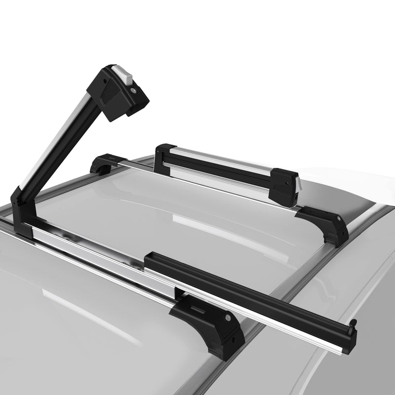 ERKUL locking ski and snowboard rack mounted on roof crossbars.