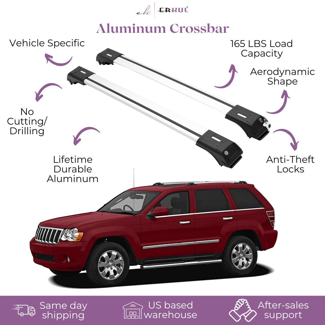 ERKUL Roof Rack Cross Bars for Jeep Grand Cherokee 2005-2011 For Raised Rails - Silver