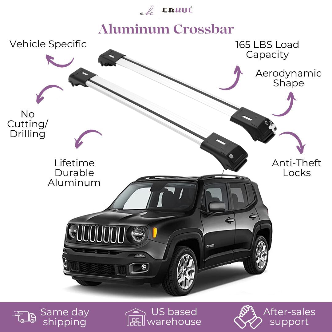 ERKUL Roof Rack Cross Bars Fits Jeep Renegade 2015-2025 Fits Raised Rails Silver