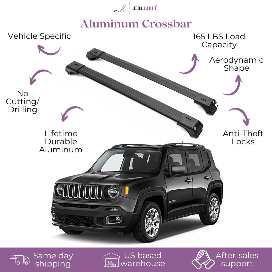 ERKUL Roof Rack Cross Bars Fits Jeep Renegade 2015-2025 Fits Raised Rails Black