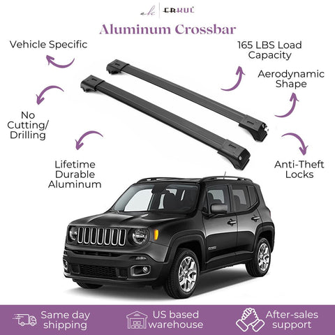 ERKUL Roof Rack Cross Bars for Jeep Renegade 2015-2023 | Aluminum Crossbars with Anti Theft Lock for Rooftop | Compatible with Raised Rails - Black