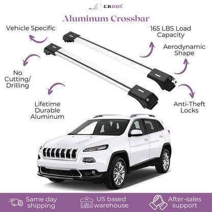 ERKUL Roof Rack Cross Bars for Jeep Cherokee 2014-2023 For Raised Rails - Silver