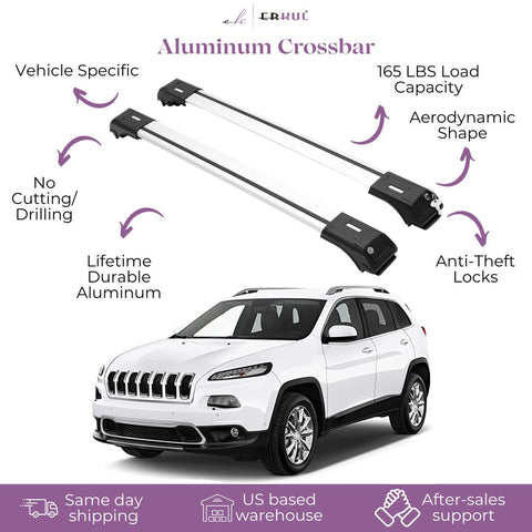 ERKUL Roof Rack Cross Bars for Jeep Cherokee 2014-2023 | Aluminum Crossbars with Anti Theft Lock for Rooftop | Compatible with Raised Rails - Silver
