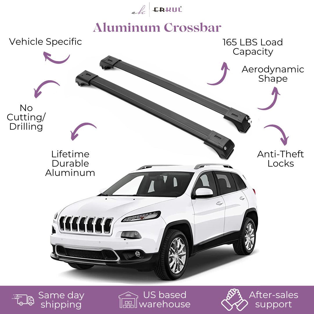 ERKUL Roof Rack Cross Bars for Jeep Cherokee 2014-2023 For Raised Rails - Black