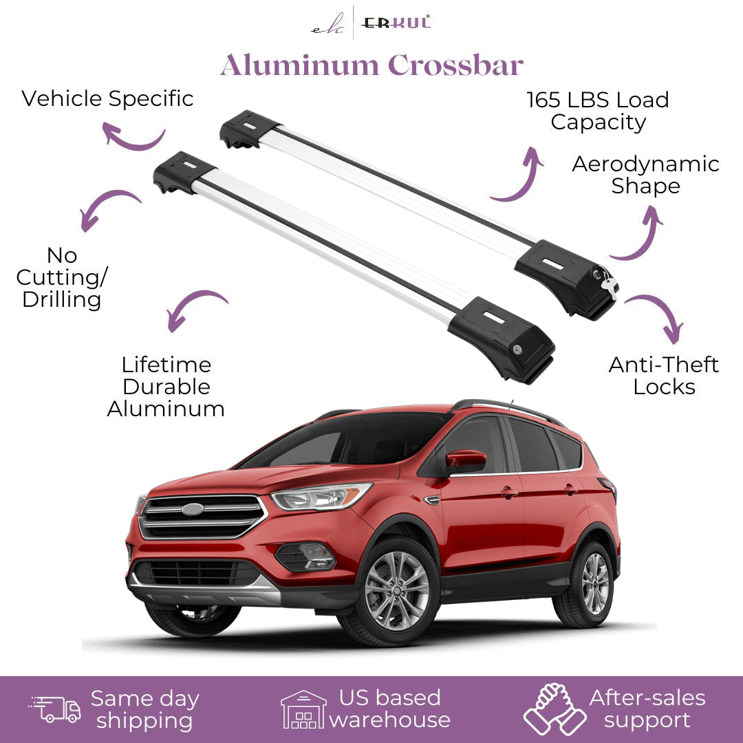 ERKUL Roof Rack Cross Bars Fits Ford Escape 2013-2019 Fits Raised Rails Silver