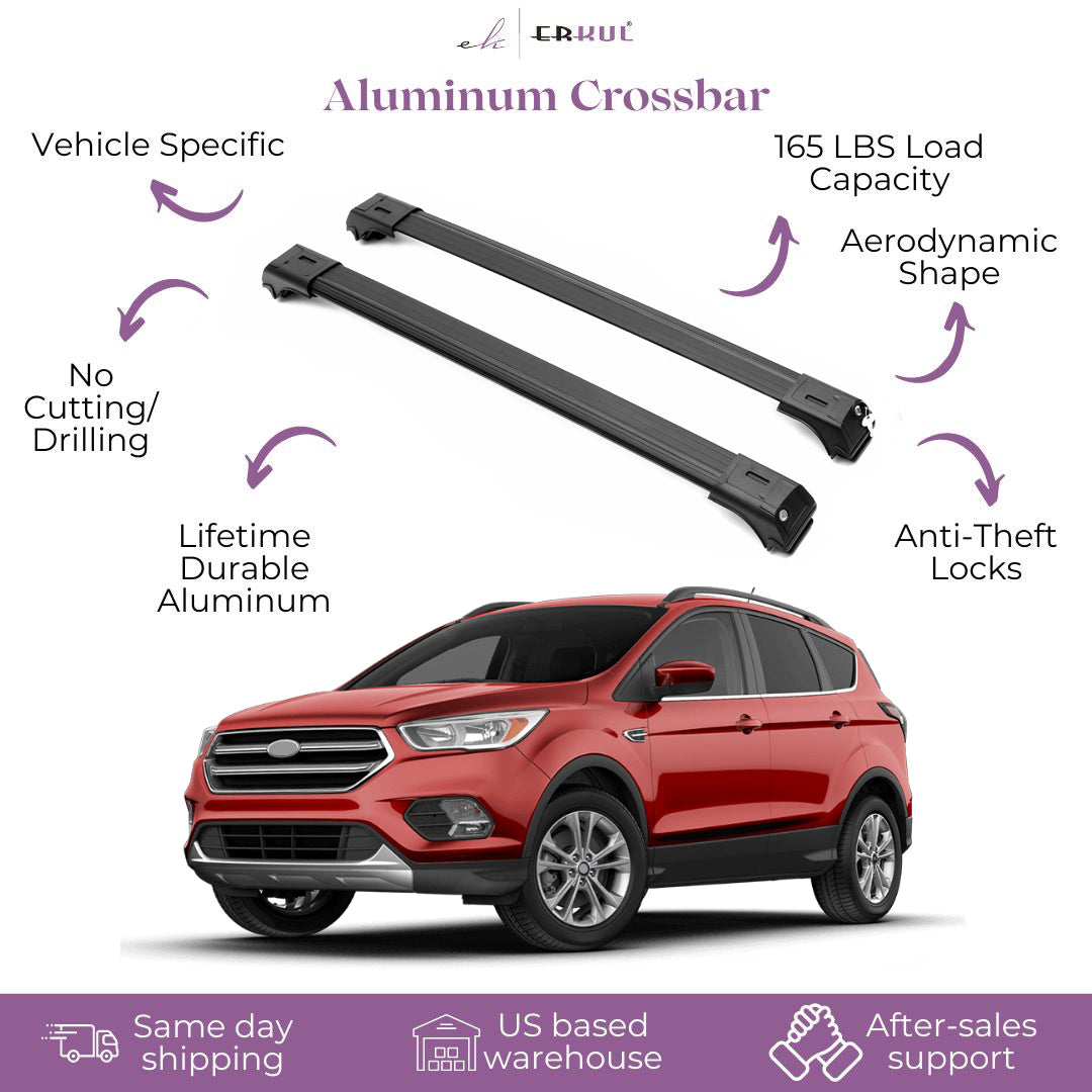 ERKUL Roof Rack Cross Bars for Ford Escape 2013-2019 For Raised Rails - Black