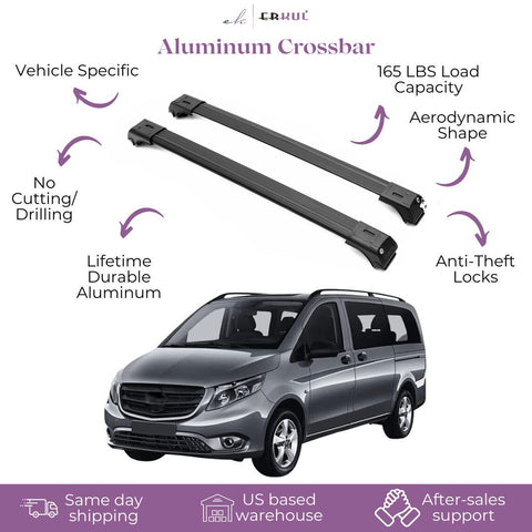 ERKUL Roof Rack Cross Bars for Mercedes Benz Metris 2016-2023 | Aluminum Crossbars with Anti Theft Lock for Rooftop | Compatible with Raised Rails - Black