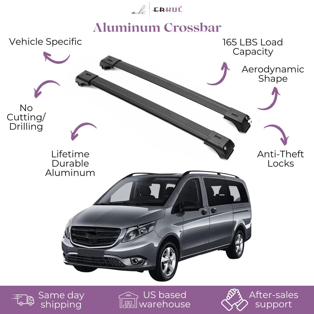 ERKUL Roof Rack Cross Bars Fits Mercedes Metris 2016-23 Fits Raised Rails Black