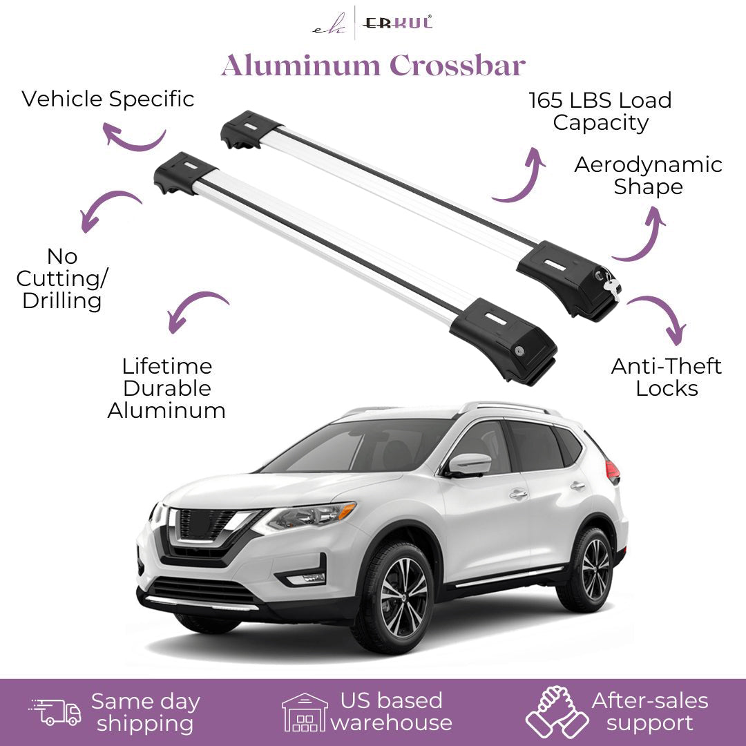 ERKUL Roof Rack Cross bars Fits Nissan Rogue 2014-2020 Fits Raised Rails Silver