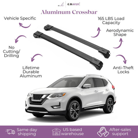 ERKUL Roof Rack Cross Bars for Nissan Rogue 2014-2020 | Aluminum Crossbars with Anti Theft Lock for Rooftop | Compatible with Raised Rails - Black