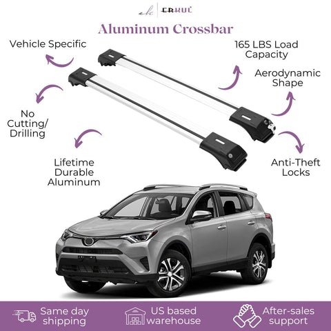 ERKUL Roof Rack Cross Bars for Toyota RAV4 2013-2018 | Aluminum Crossbars with Anti Theft Lock for Rooftop | Compatible with Raised Rails - Silver