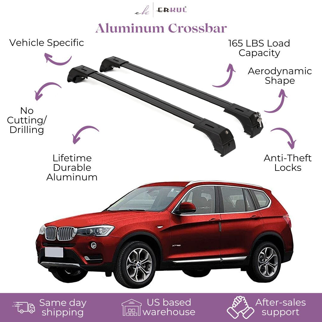 ERKUL Roof Rack Cross Bars Fits BMW X3 2011-2017 Fits Flush Rails Black