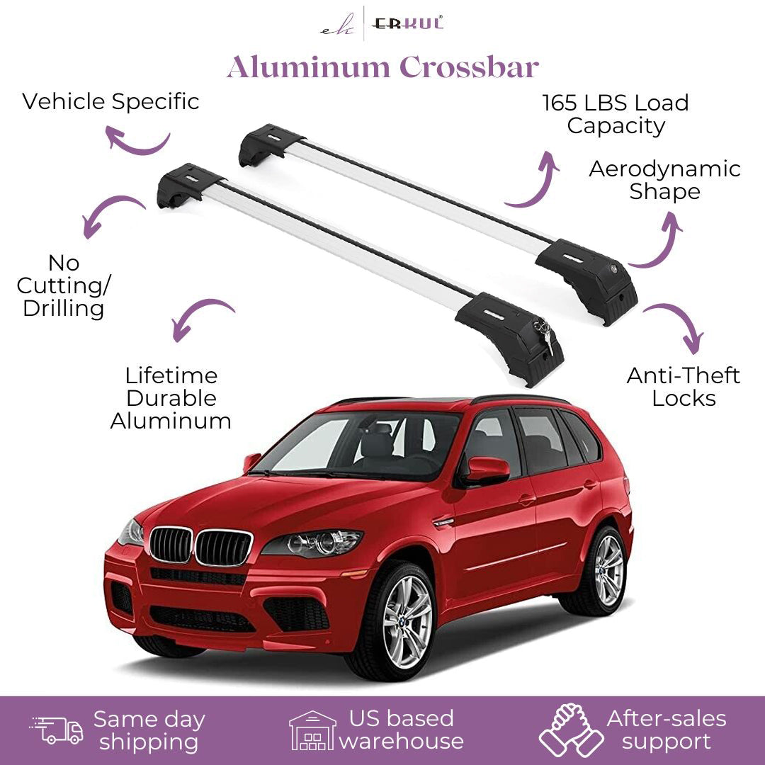 ERKUL Roof Rack Cross Bars Fits BMW X5 2007-2013 Fits Flush Rails Silver