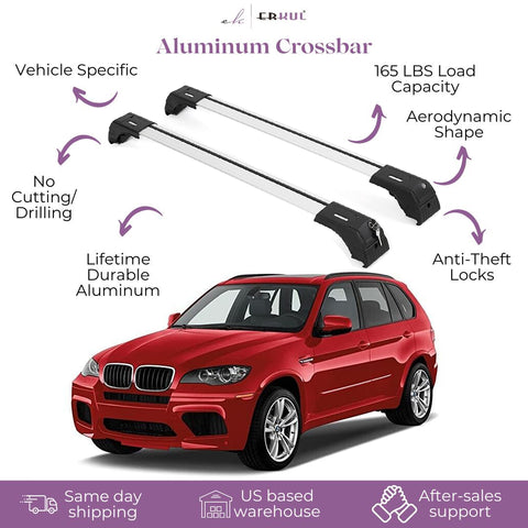 ERKUL Roof Rack Cross Bars for BMW X5 E70 2007-2013 | Aluminum Crossbars with Anti Theft Lock for Rooftop | Compatible with Flush Rails - Silver