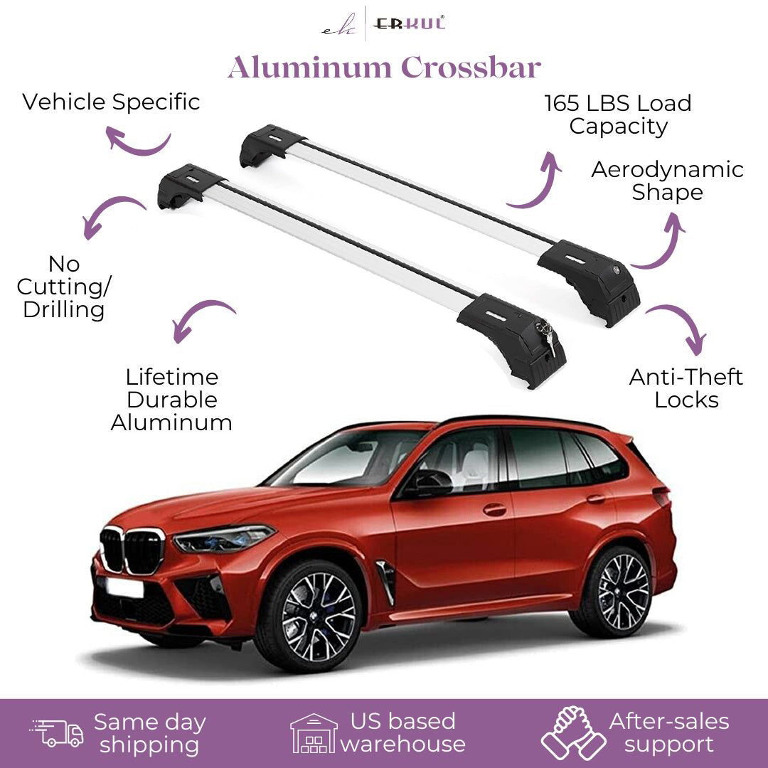 ERKUL Roof Rack Cross Bars Fits BMW X5 2014-2018 Fits Flush Rails Silver