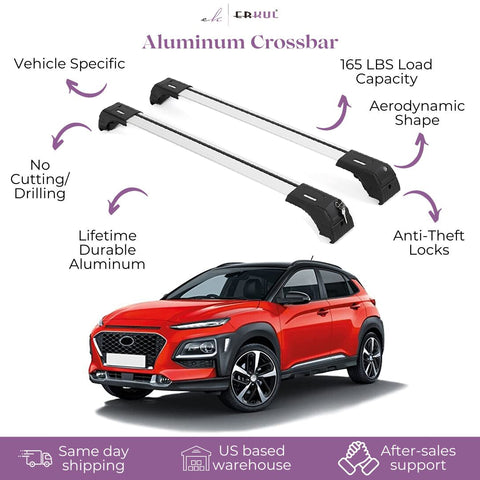 ERKUL Roof Rack Cross Bars for Hyundai Kona 2018-2023 | Aluminum Crossbars with Anti Theft Lock for Rooftop | Compatible with Flush Rails - Silver