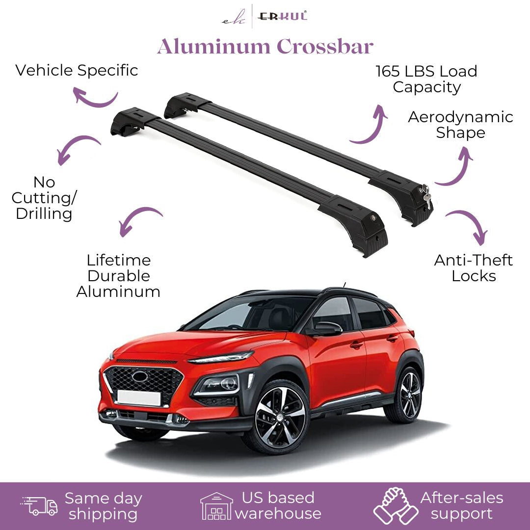 ERKUL Roof Rack Cross bars Fits Hyundai Kona 2018-2023 Fits Flush Rails Black
