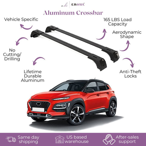 ERKUL Roof Rack Cross Bars for Hyundai Kona 2018-2023 | Aluminum Crossbars with Anti Theft Lock for Rooftop | Compatible with Flush Rails - Black