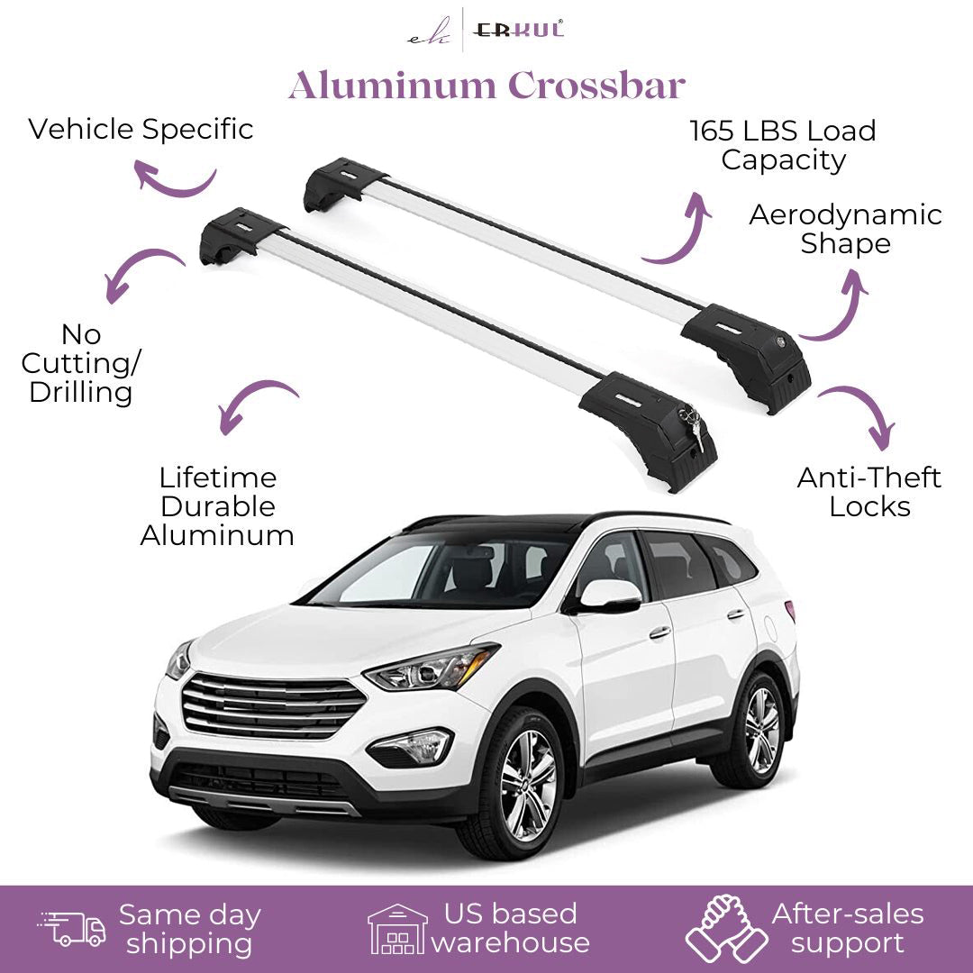 ERKUL Roof Rack Cross Bars Fits Hyundai Santa Fe 13-18 Fits Flush Rails Silver