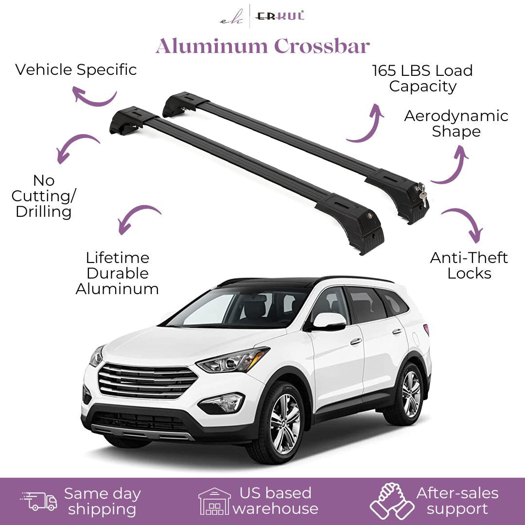 ERKUL Roof Rack Cross Bars Fits Hyundai Santa Fe 13-18 Fits Flush Rails Black