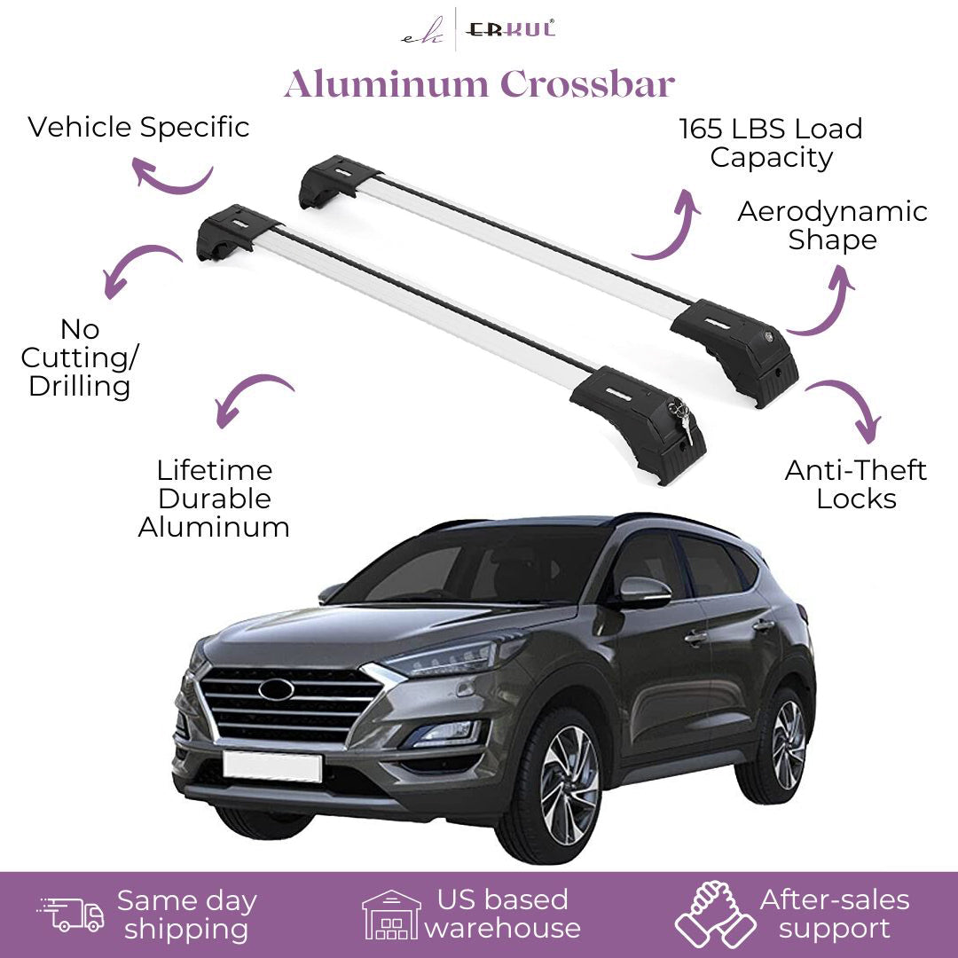 ERKUL Roof Rack Cross Bars Fits Hyundai Tucson 2016-21 Fits Flush Rails Silver