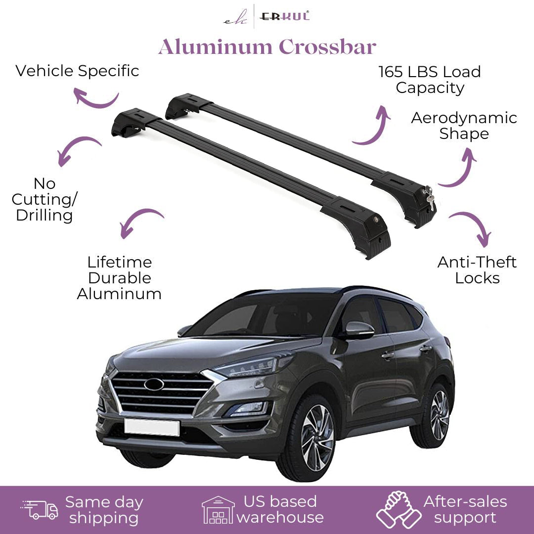 ERKUL Roof Rack Cross Bars Fits Hyundai Tucson 2016-21 Fits Flush Rails Black