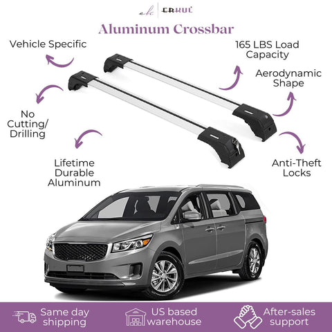 ERKUL Roof Rack Cross Bars for Kia Sedona 2015-2021 | Aluminum Crossbars with Anti Theft Lock for Rooftop | Compatible with Flush Rails - Silver
