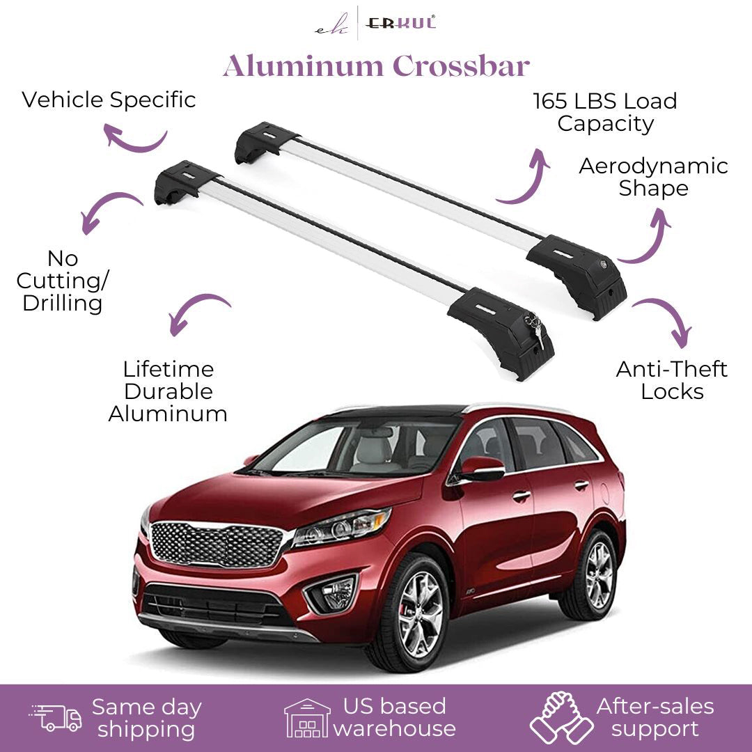 ERKUL Roof Rack Cross Bars Fits Kia Sorento 2016-2020 Fits Flush Rails Silver