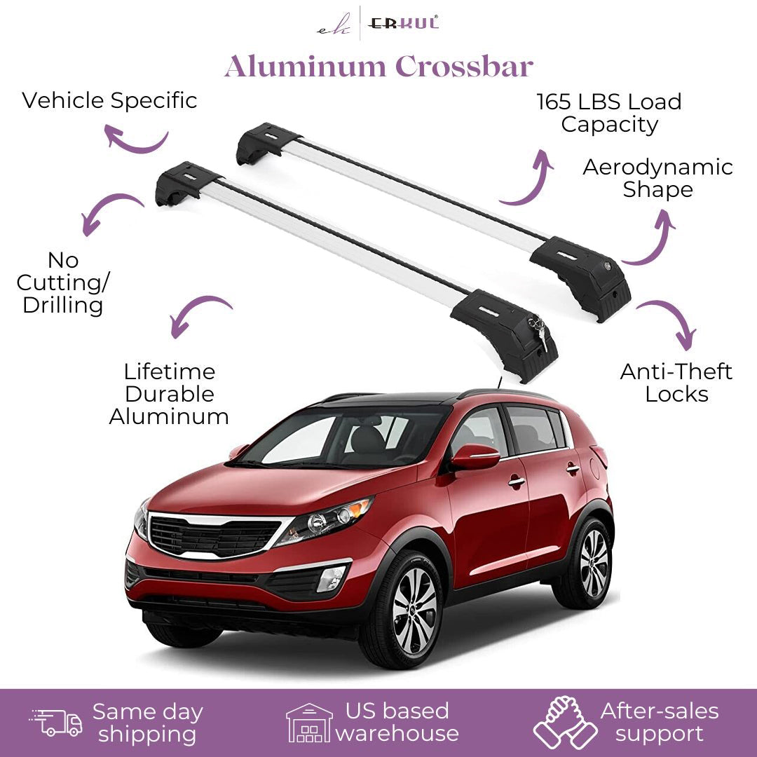 ERKUL Roof Rack Cross Bars Fits Kia Sportage 2011-2016 Fits Flush Rails Silver