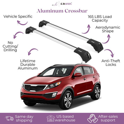 ERKUL Roof Rack Cross Bars Fits Kia Sportage 2011-2016 Fits Flush Rails Silver
