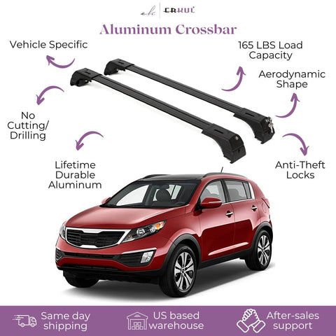 ERKUL Roof Rack Cross Bars for Kia Sportage 2011-2016 | Aluminum Crossbars with Anti Theft Lock for Rooftop | Compatible with Flush Rails - Black