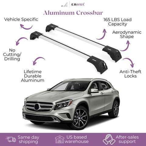 ERKUL Roof Rack Cross Bars for Mercedes Benz GLA 2014-2019 | Aluminum Crossbars with Anti Theft Lock for Rooftop | Compatible with Flush Rails - Silver