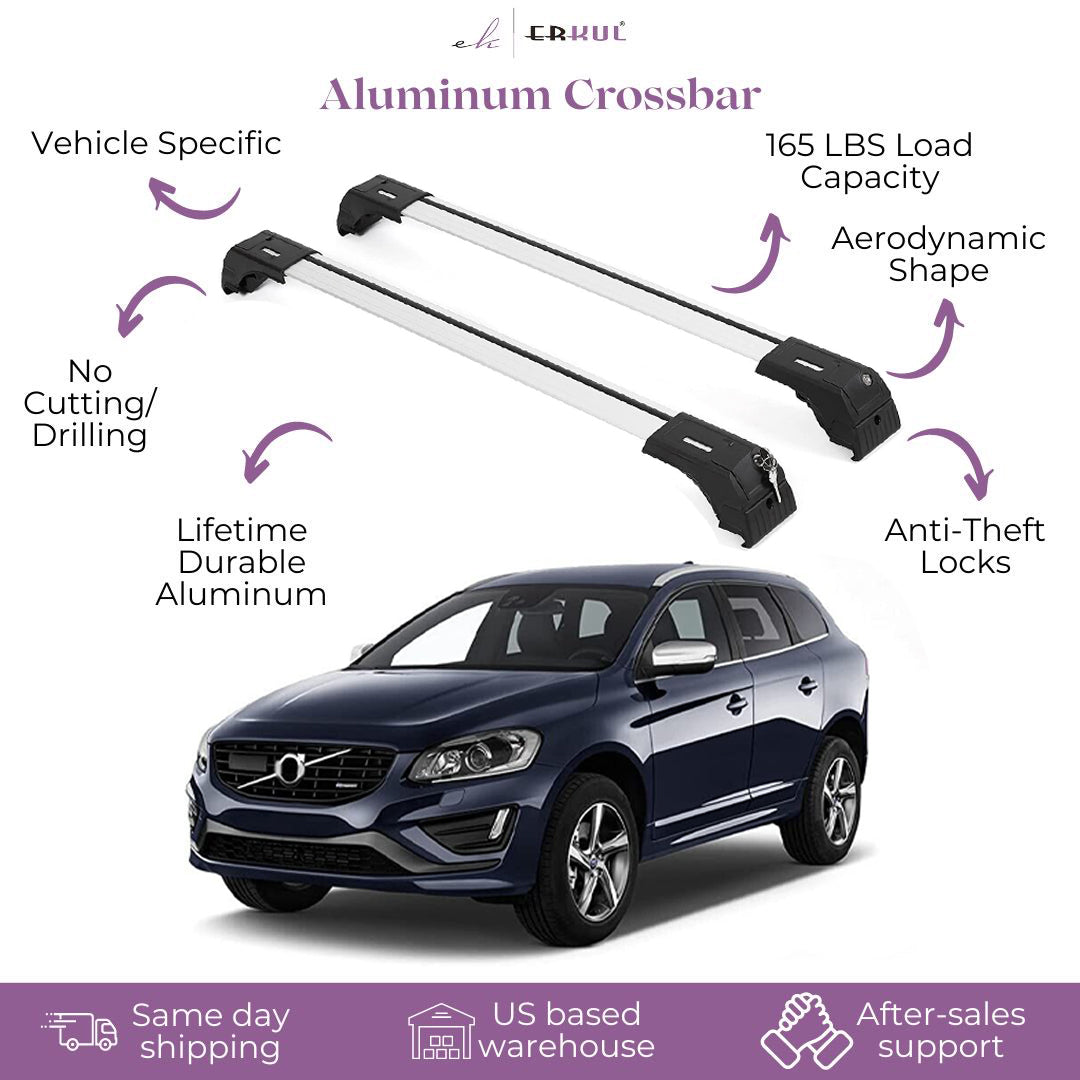 ERKUL Roof Rack Cross Bars Fits Volvo XC60 2009-2017 Fits Flush Rails Silver