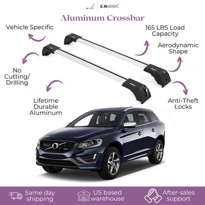 ERKUL Roof Rack Cross Bars Fits Volvo XC60 2009-2017 Fits Flush Rails Silver