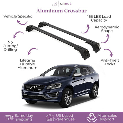 ERKUL Roof Rack Cross Bars Fits Volvo XC60 2009-2017 Aluminum Lockable Black