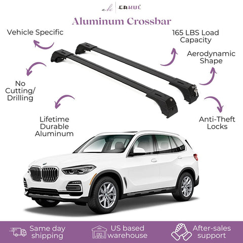 ERKUL Roof Rack Cross Bars for BMW X5 G05 2019-2024 | Aluminum Crossbars with Anti Theft Lock for Rooftop | Compatible with Flush Rails - Black