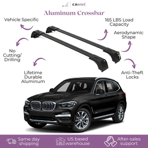 ERKUL Roof Rack Cross Bars for BMW X3 G01 2018-2024 | Aluminum Crossbars with Anti Theft Lock for Rooftop | Compatible with Flush Rails - Black