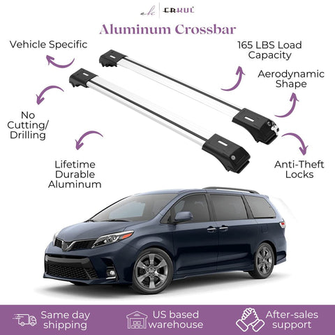 ERKUL Roof Rack Cross Bars for Toyota Sienna 2011-2020 | Aluminum Crossbars with Anti Theft Lock for Rooftop | Compatible with Raised Rails - Silver