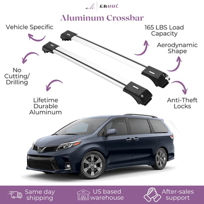 ERKUL Roof Rack Cross Bars Fits Toyota Sienna 2011-2020 Fits Raised Rails Silver