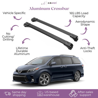 ERKUL Roof Rack Cross bars Fits Toyota Sienna 2011-2020 Fits Raised Rails Black