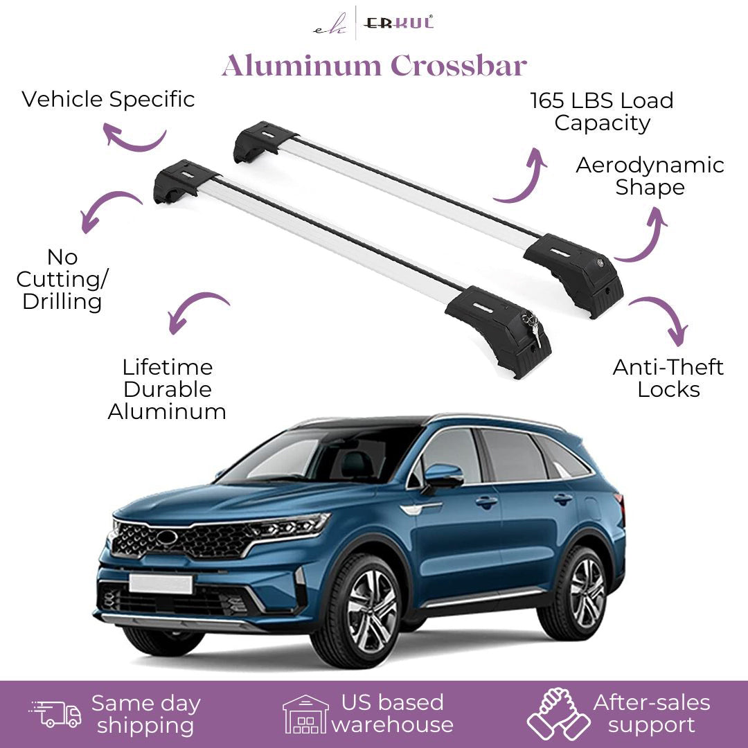 ERKUL Roof Rack Cross Bars Fits Kia Sorento 2021-2025 Fits Flush Rails Silver