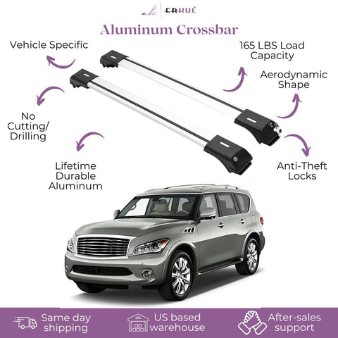 ERKUL Roof Rack Cross Bars for Infiniti QX56 2011-2013 QX80 2014-2022 | Aluminum Crossbars with Anti-Theft Lock for Rooftop | Compatible with Raised Rails - Silver