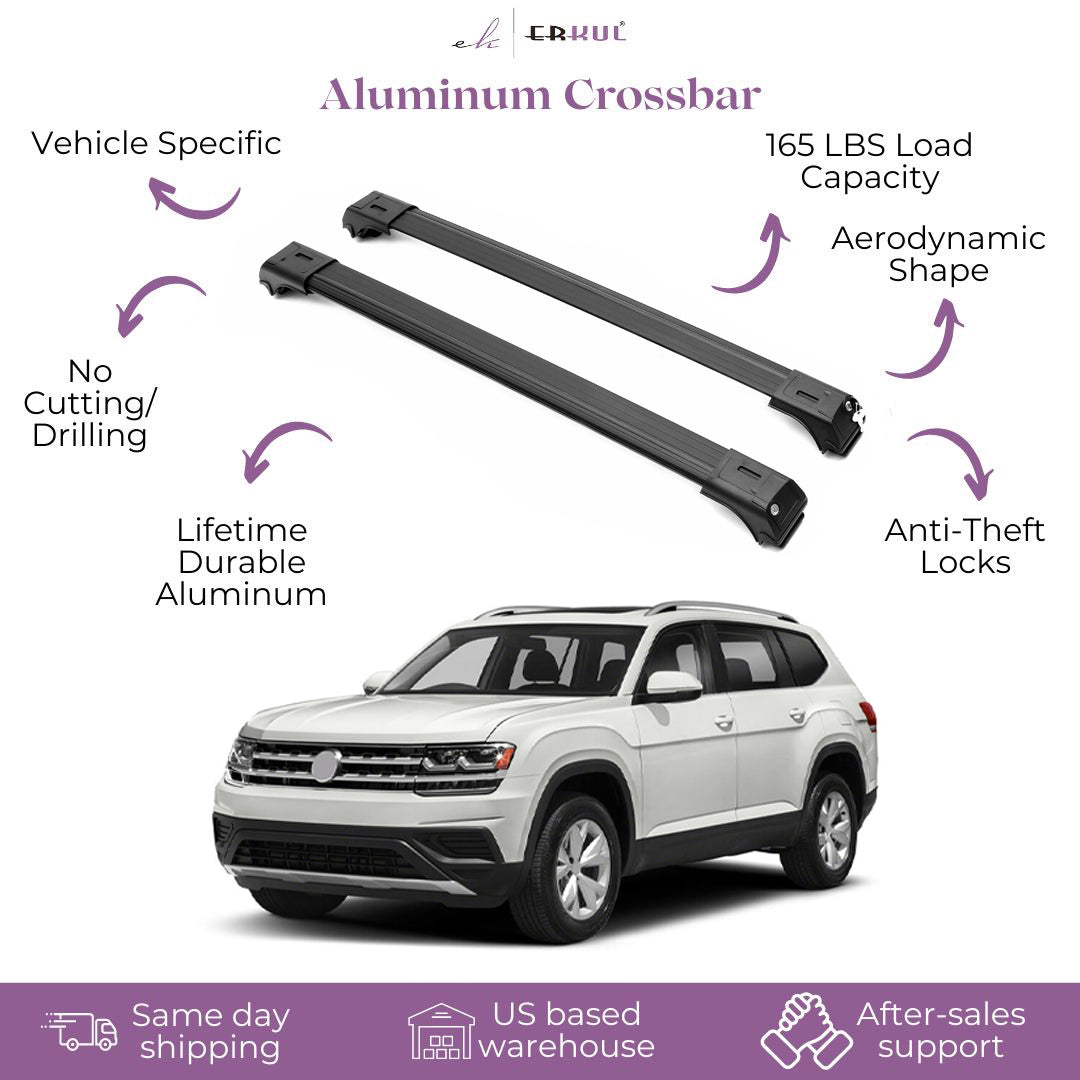 ERKUL Roof Rack Cross Bars Fits Volkswagen Atlas 2018-25 Fits Raised Rails Black