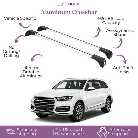 ERKUL Roof Rack Cross Bars for Audi Q7 2016-2024 | Aluminum Crossbars with Anti Theft Lock for Rooftop | Compatible with Fixed Points Roofs - Silver