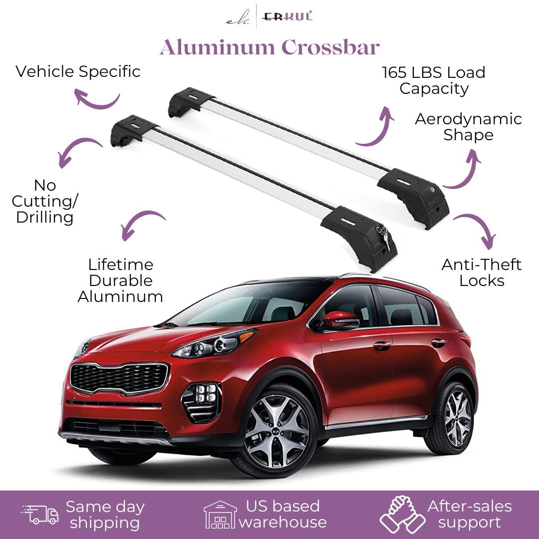 ERKUL Roof Rack Cross Bars Fits Kia Sportage 2017-2022 Fits Flush Rails Silver