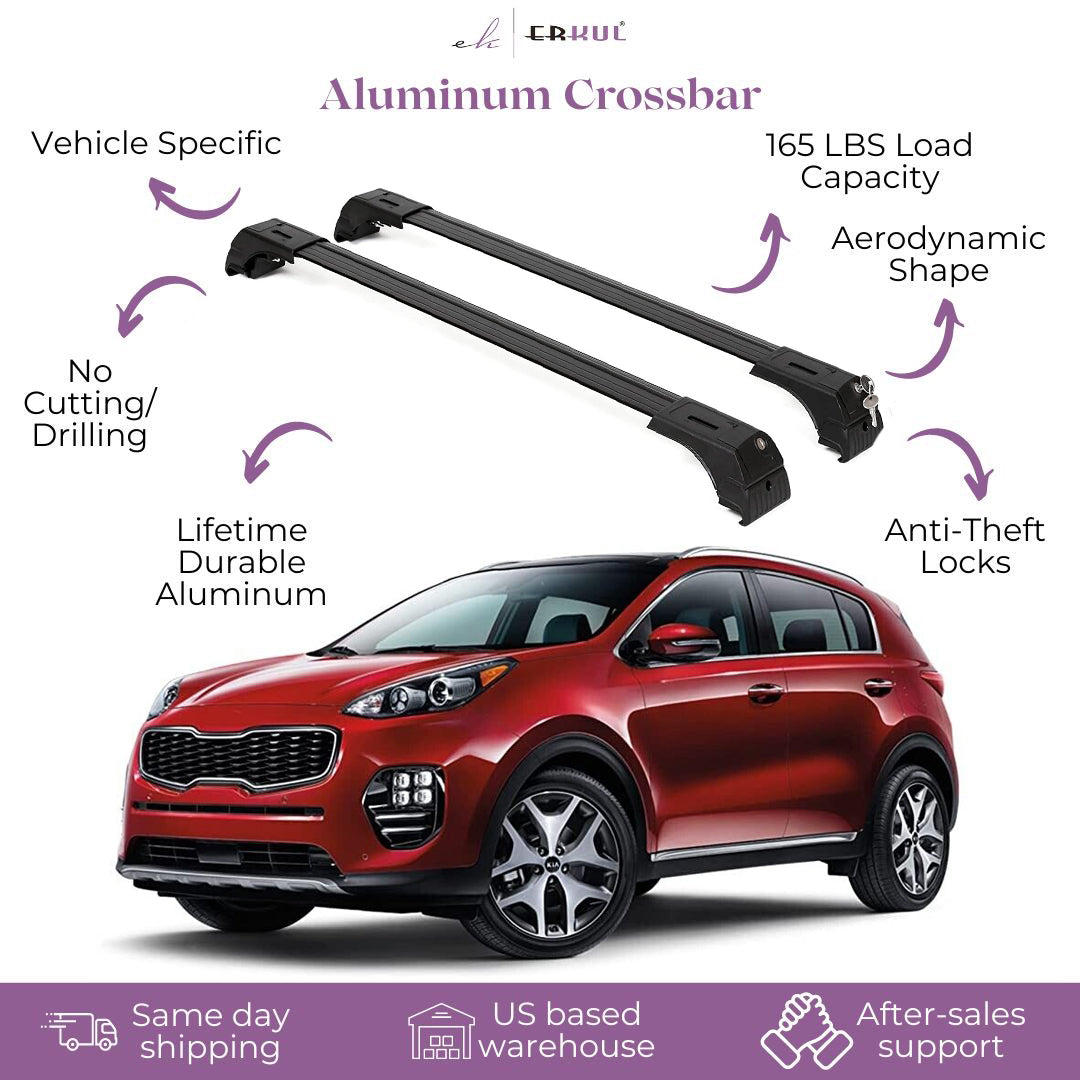 ERKUL Roof Rack Cross Bars Fits Kia Sportage 2017-2022 Fits Flush Rails Black