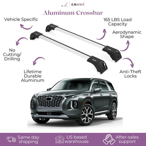 ERKUL Roof Rack Cross Bars for Hyundai Palisade 2019-2024 | Aluminum Crossbars with Anti Theft Lock for Rooftop | Compatible with Flush Rails - Silver