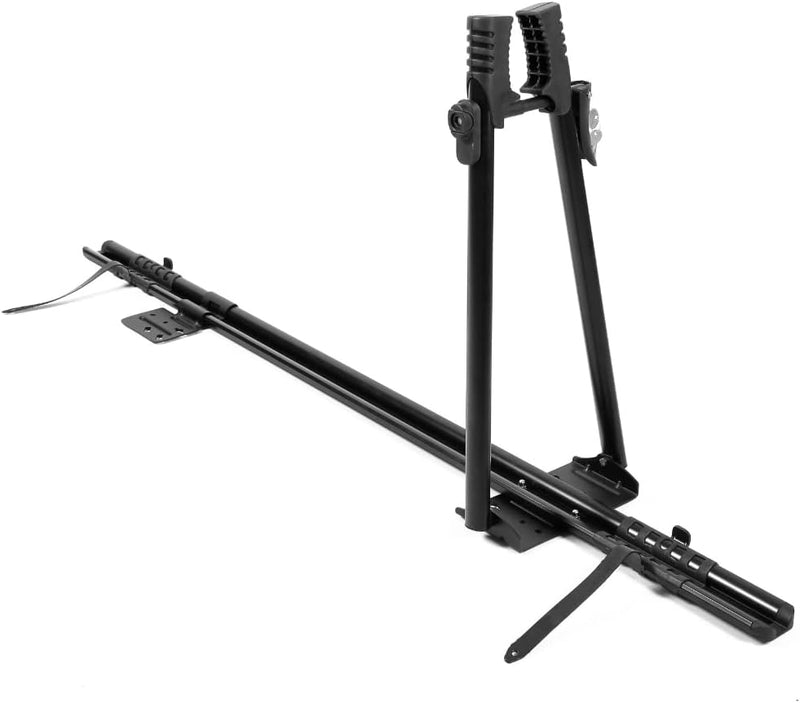 Universal aluminum bike rack mounted on ERKUL roof crossbars.